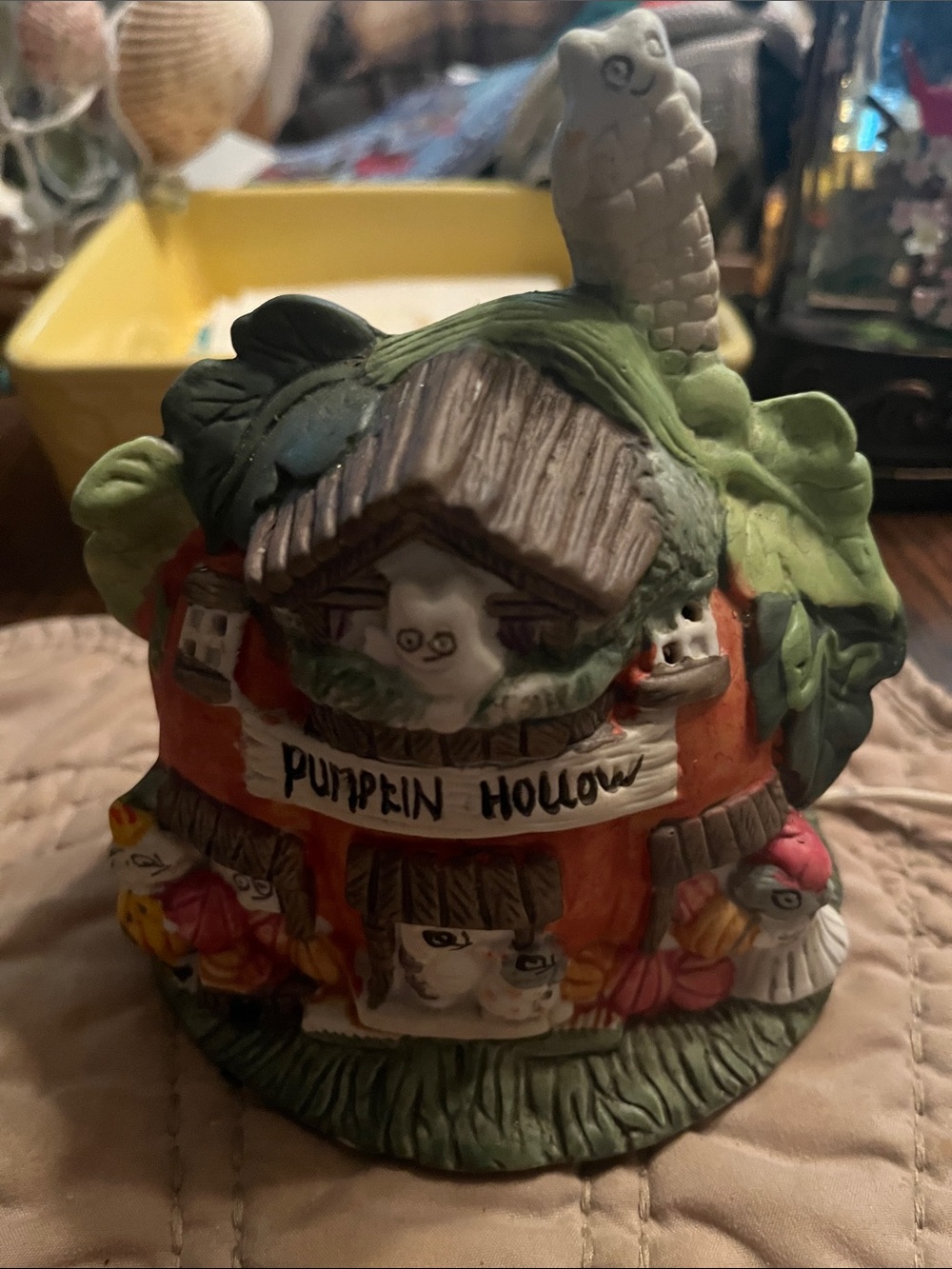 Pumpkin Hollow Ceramic Accent Figurine in Orange and Green lights up gently used